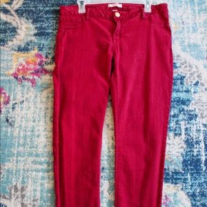Refuge Skin Tight Legging Jeans. Full Length. Hemmed Ends. Dark Red.